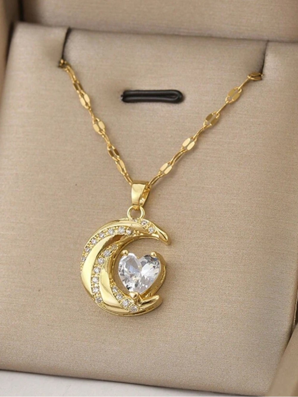 Gold Crescent Moon & Heart Pendant Necklace - Women Jewelry